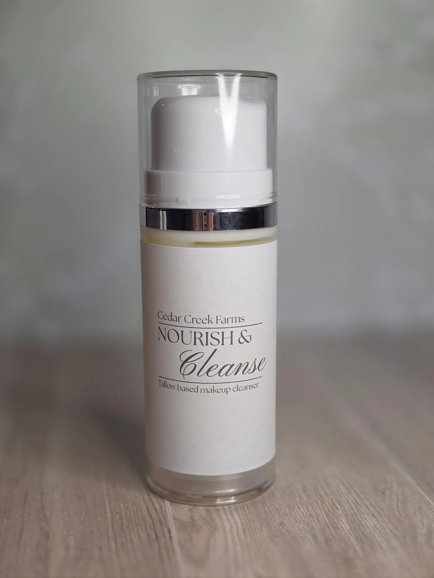 Cedar Creek Farms tallow makeup cleanser Nourish and Cleanse in airless pump bottle for gentle facial cleansing
