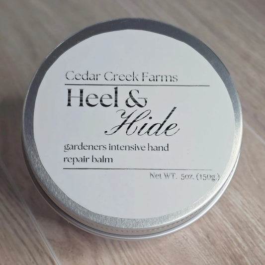 Cedar Creek Farms Heel and Hide gardeners intensive hand repair balm front view in metal tin