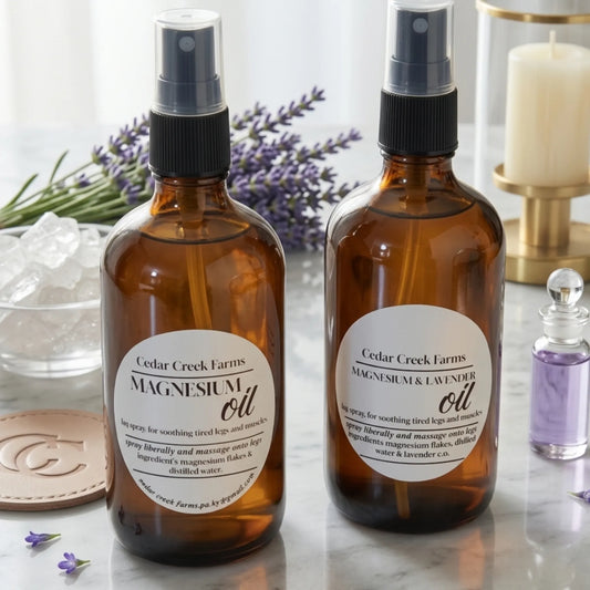 Cedar Creek Farms magnesium oil spray for muscle cramps and magnesium lavender oil spray for relaxation and sleep