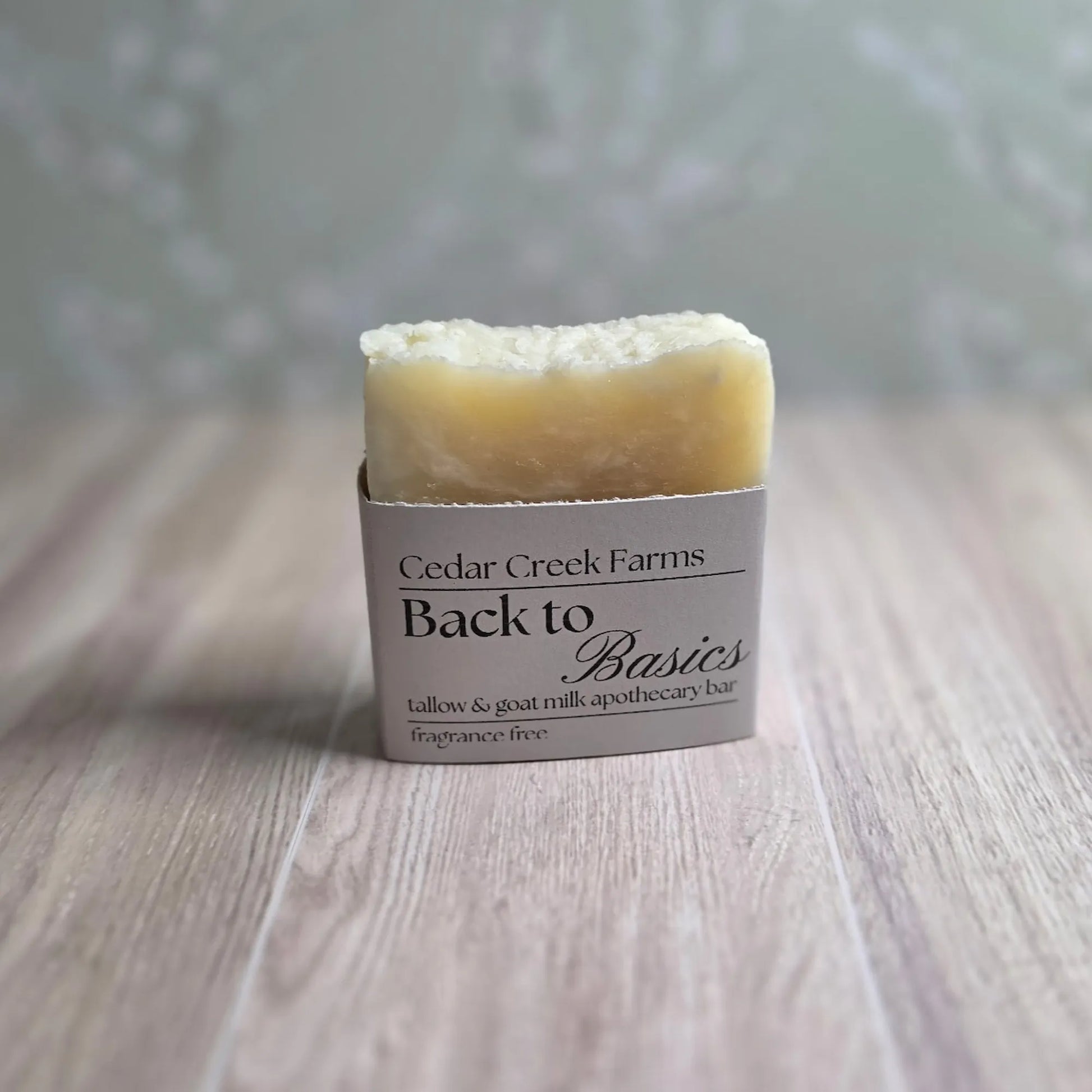Cedar Creek Farms Back to Basics soap bar tallow and goat milk apothecary bar with neutral tone, natural fragrance free handcrafted soap on wood surface