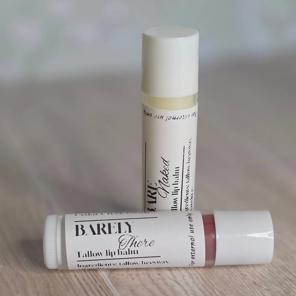 Cedar Creek Farms Bare Naked and Barely There tallow lip balm duo natural and tinted lip balm tubes displayed together