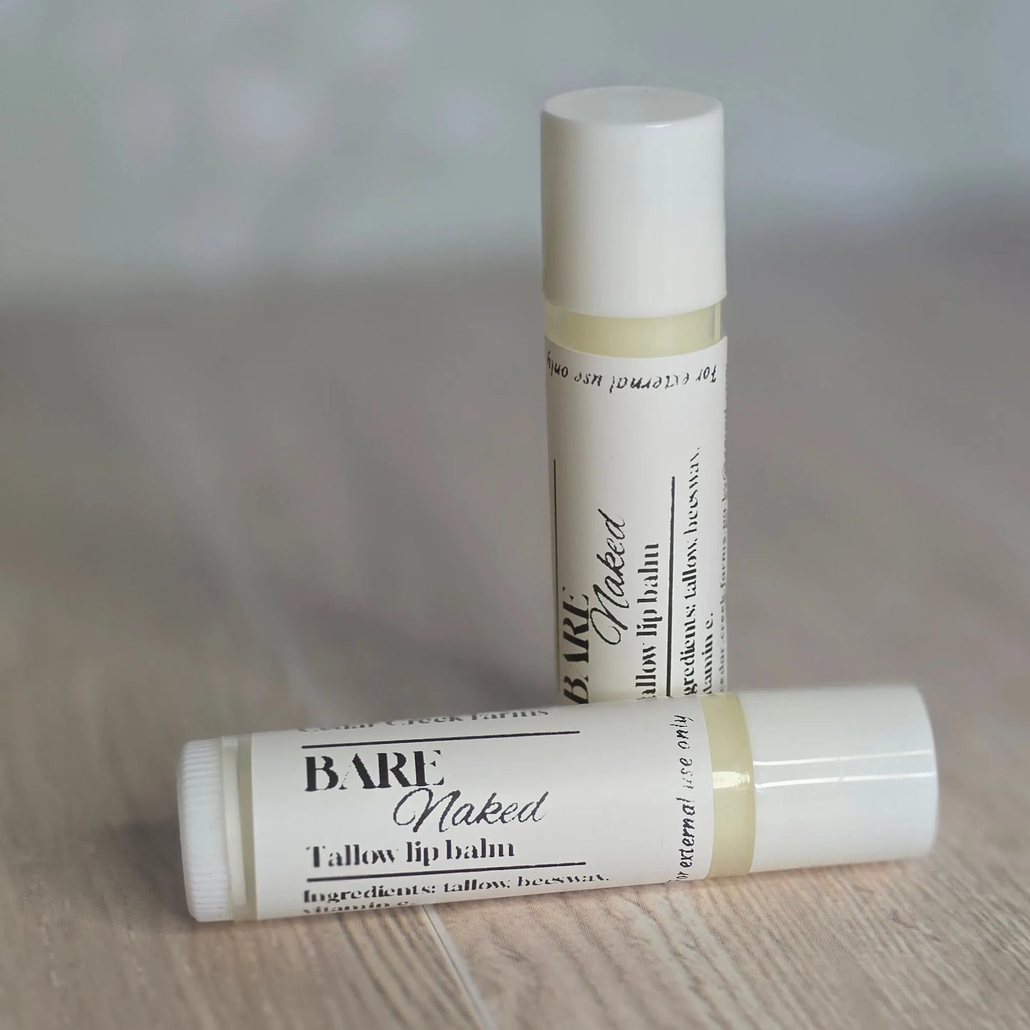 Cedar Creek Farms Bare Naked tallow lip balm unscented natural lip balm tubes duo angled product display