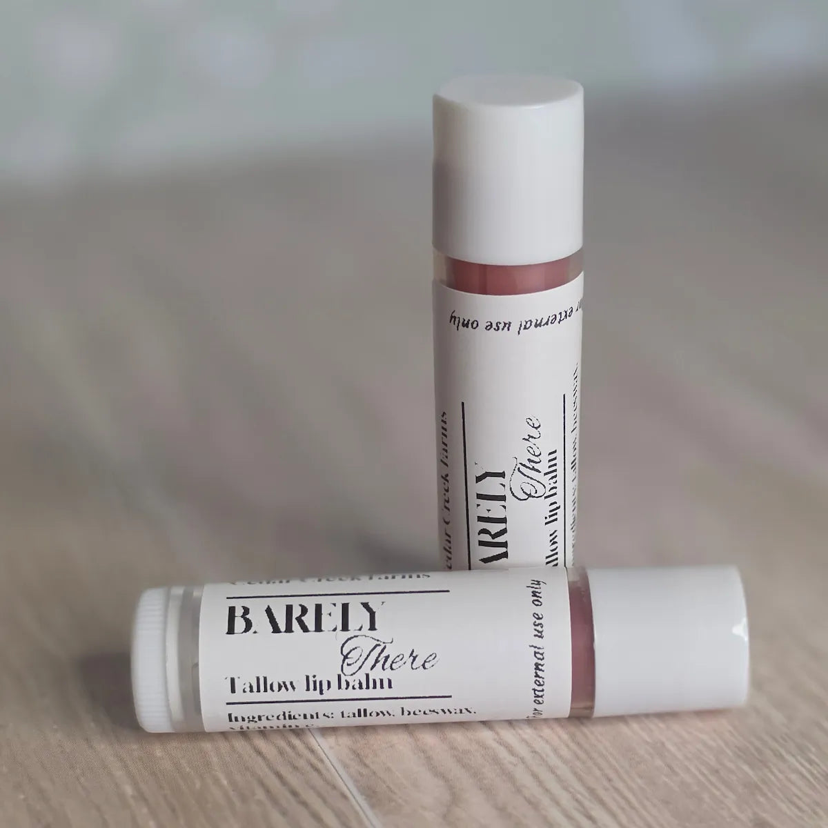 Cedar Creek Farms Barely There tallow lip balm tinted natural lip balm tubes duo angled product display