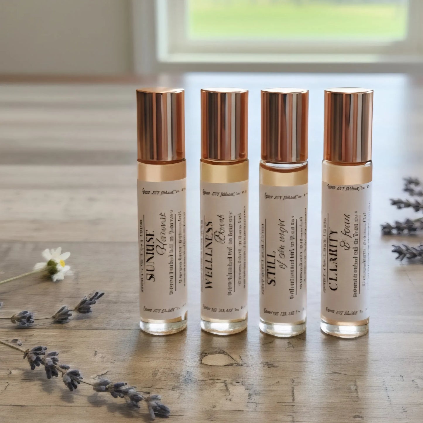 Cedar Creek Farms Botanical Roll-On Fragrance Oil multi scent lineup display showing four glass roller bottles with gold caps and lavender accents on wooden surface