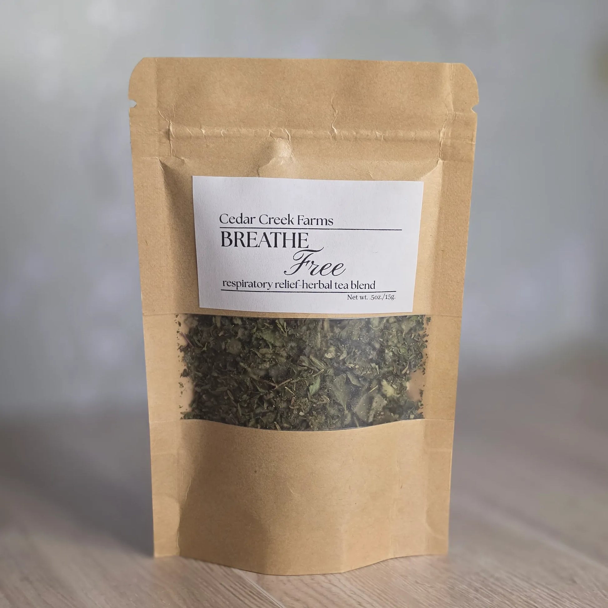 Cedar Creek Farms Breathe Free herbal tea blend for respiratory relief in kraft stand-up pouch with visible loose leaf herbs