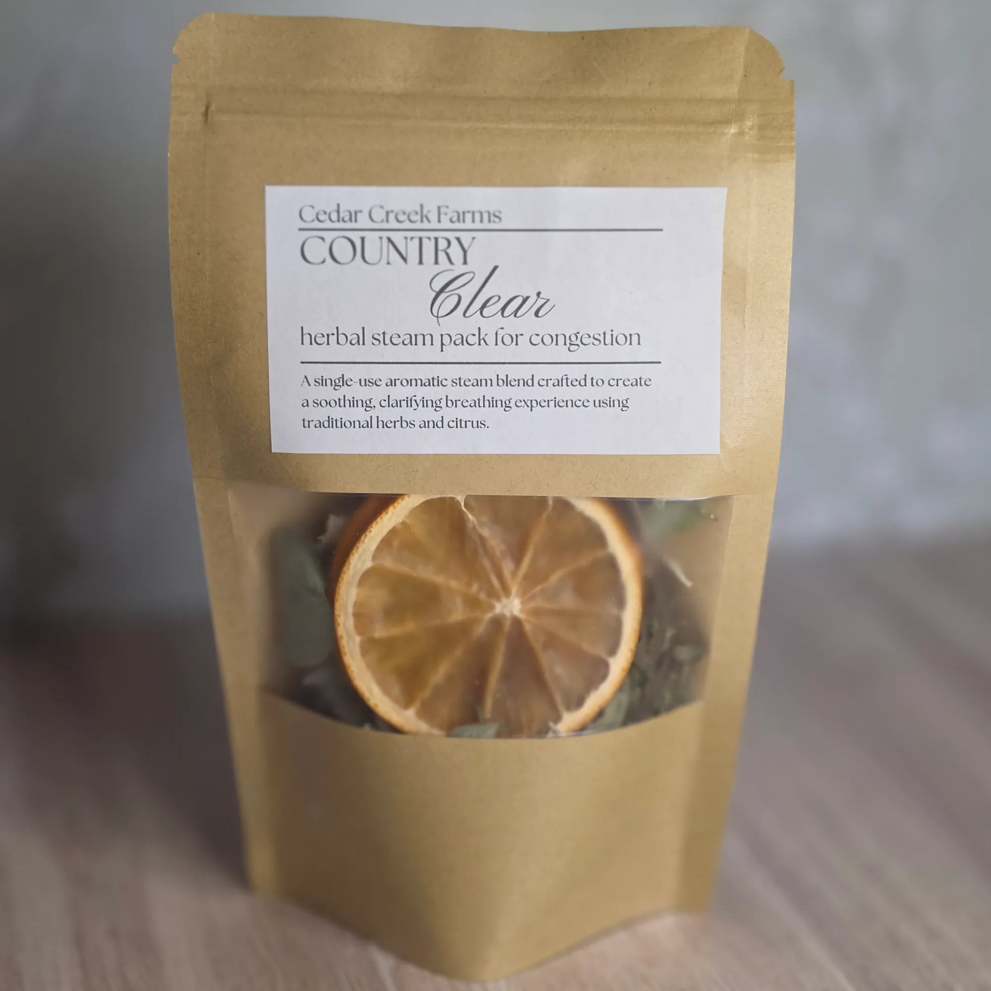 Cedar Creek Farms Country Clear herbal steam pack for congestion single pouch front with dried citrus and herbal blend