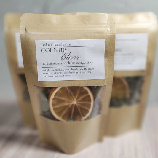 Cedar Creek Farms Country Clear herbal steam pack for congestion multi pack display with dried citrus and herbs