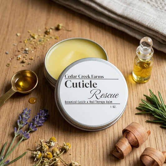 Cedar Creek Farms Cuticle Rescue botanical nail and cuticle balm in tin with lavender, chamomile, and oils displayed on wooden surface