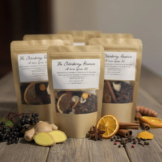 Cedar Creek Farms elderberry reserve at home syrup kit with dried elderberries ginger cinnamon orange slices and spices multi pack display