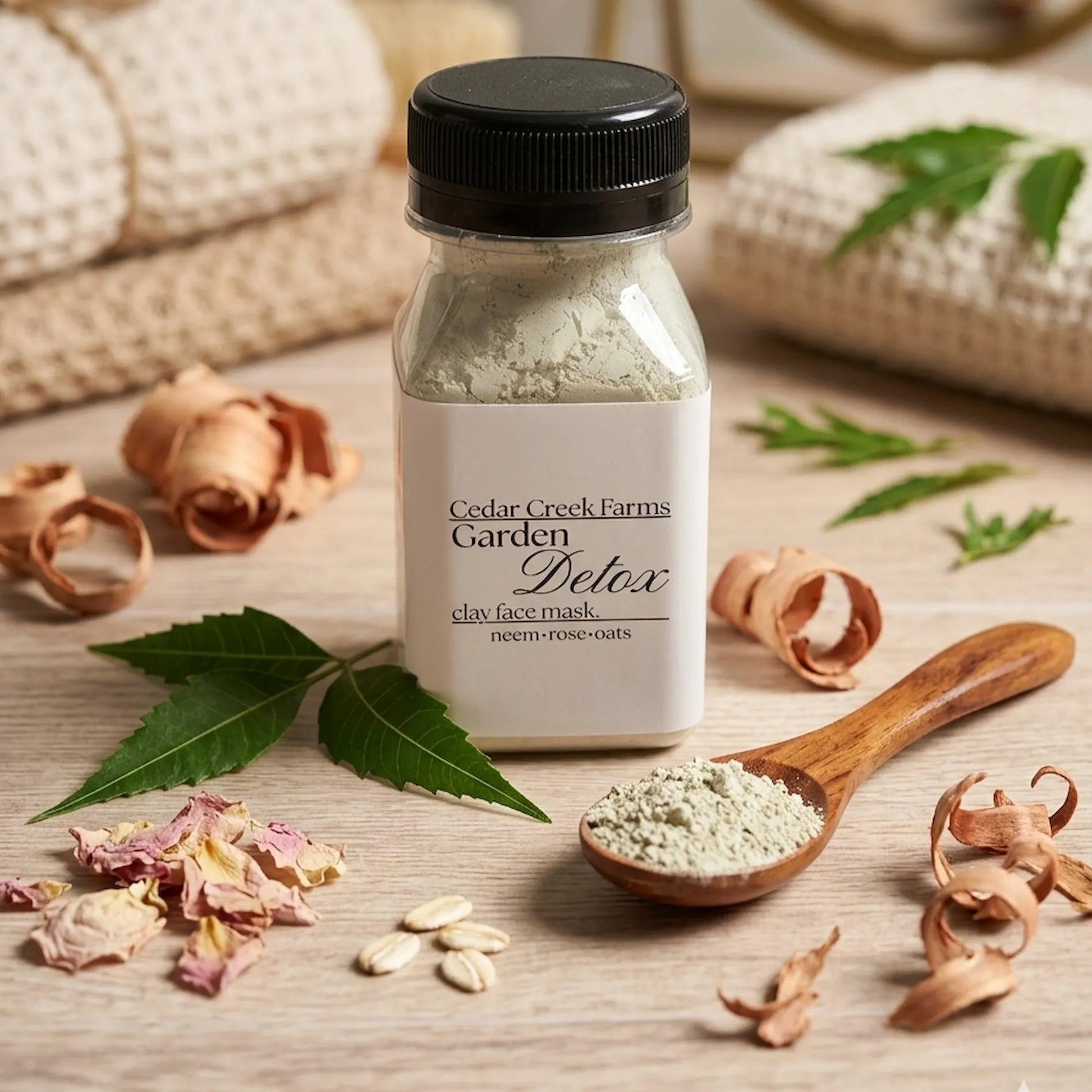 Cedar Creek Farms Garden Detox clay face mask with neem, rose, and oats shown with wooden spoon and botanical ingredients on neutral background