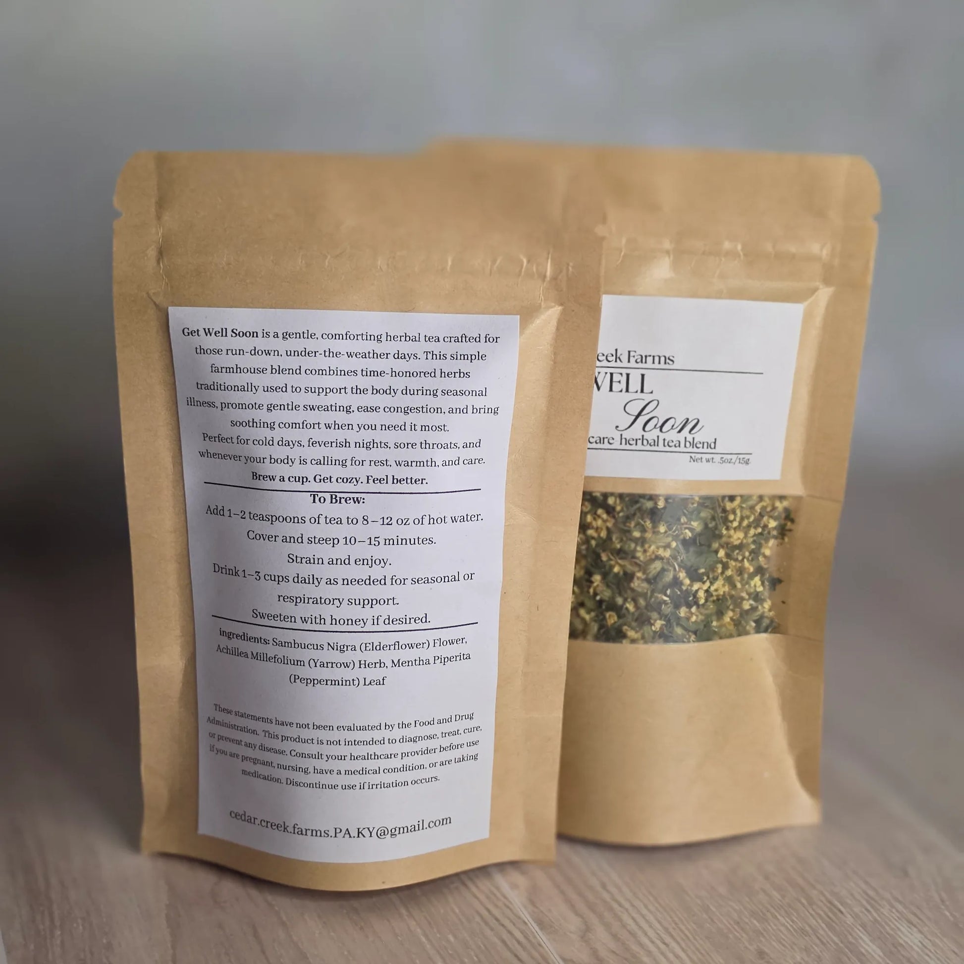 Cedar Creek Farms Get Well Soon herbal tea blend for acute cold care back view with ingredients and instructions in kraft pouch