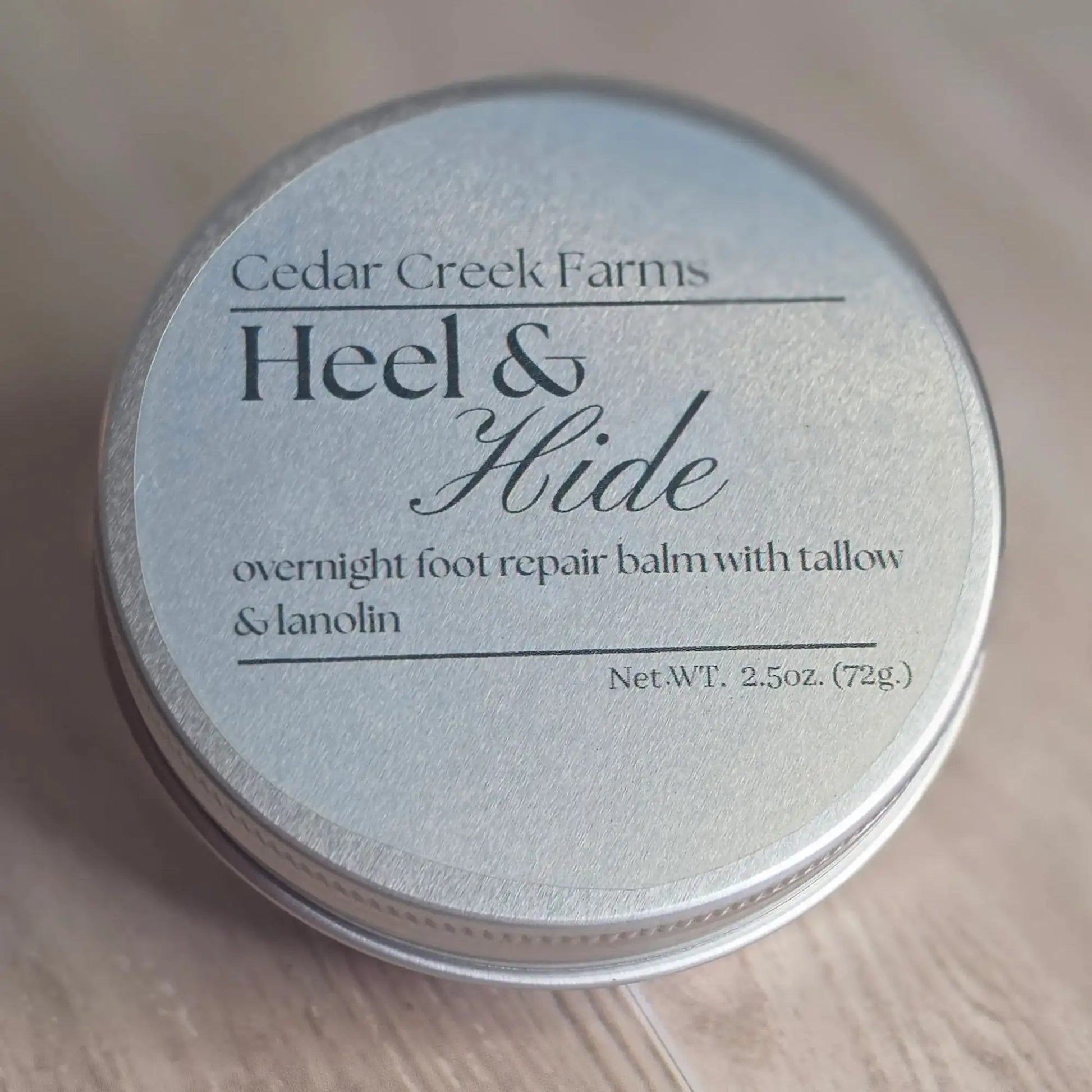 Cedar Creek Farms Heel and Hide overnight foot repair balm with tallow and lanolin tin top label front