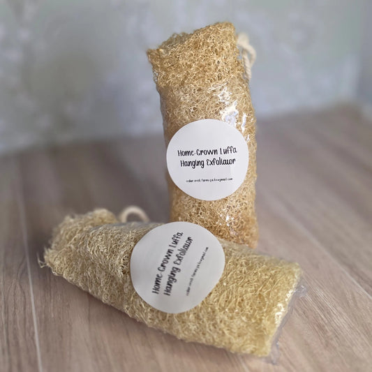 Cedar Creek Farms home grown luffa hanging exfoliator natural loofah sponge for body exfoliation multiple pieces displayed