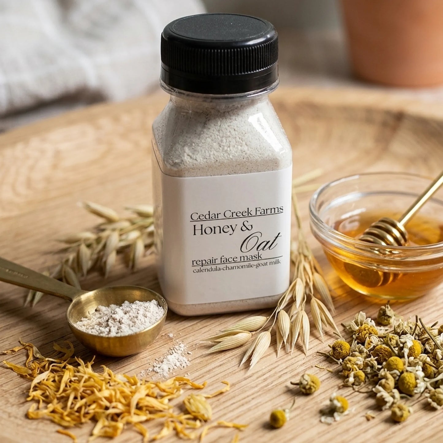Cedar Creek Farms Honey and Oat repair face mask with calendula, chamomile, oats, and honey displayed on wooden surface with natural ingredients