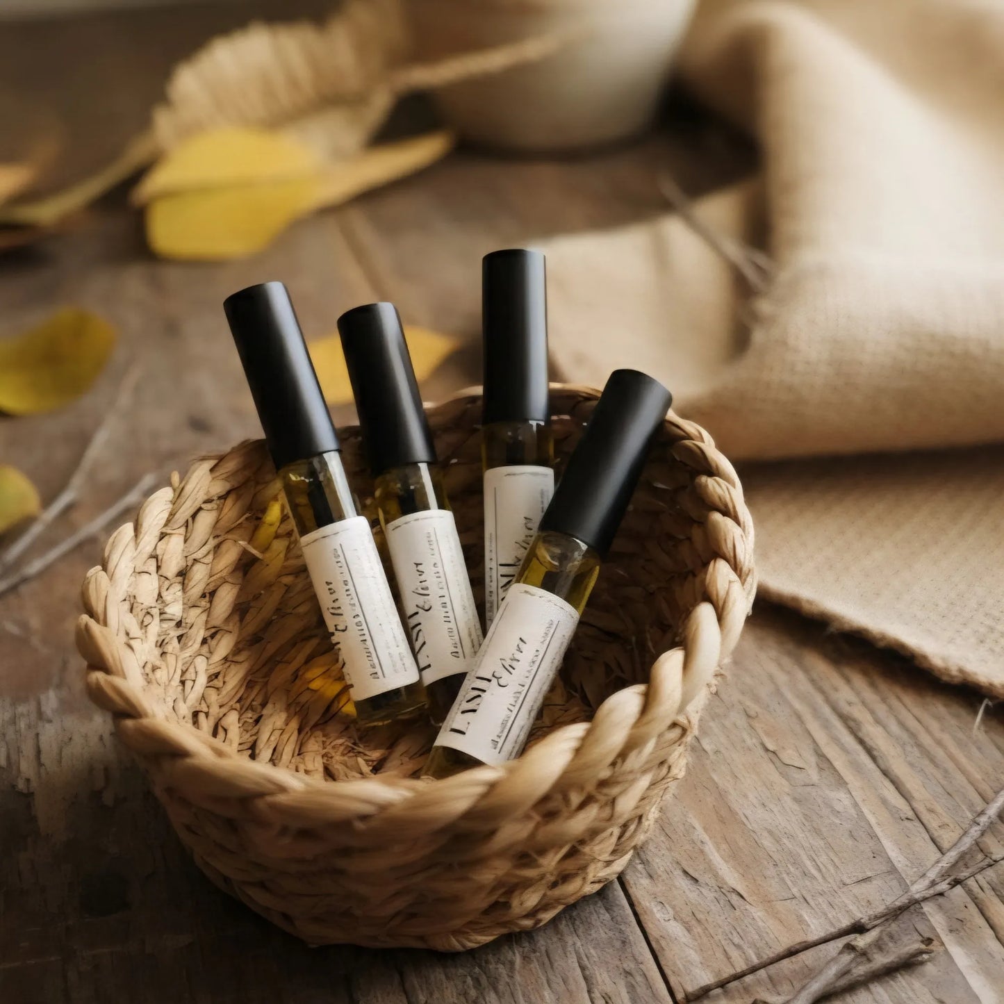 Cedar Creek Farms lash elixir natural eyelash serum in woven basket with multiple bottles rustic lifestyle display