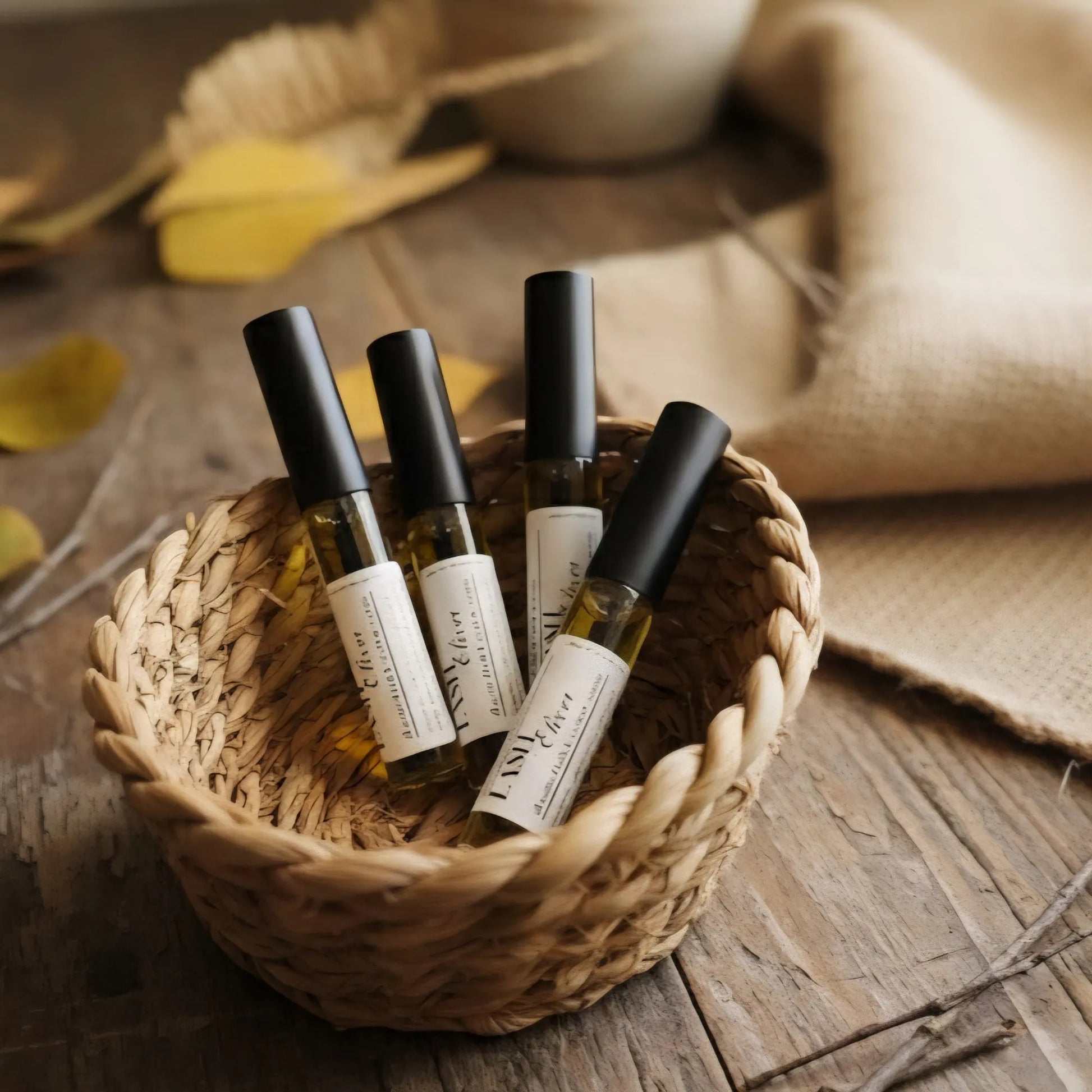 Cedar Creek Farms lash elixir natural eyelash serum in woven basket with multiple bottles rustic lifestyle display