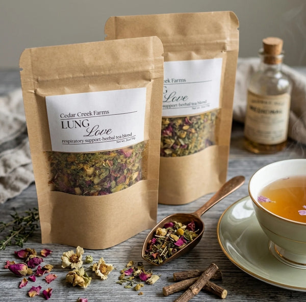 Cedar Creek Farms Lung Love respiratory support herbal tea blend in kraft packaging with loose herbs and brewed tea cup
