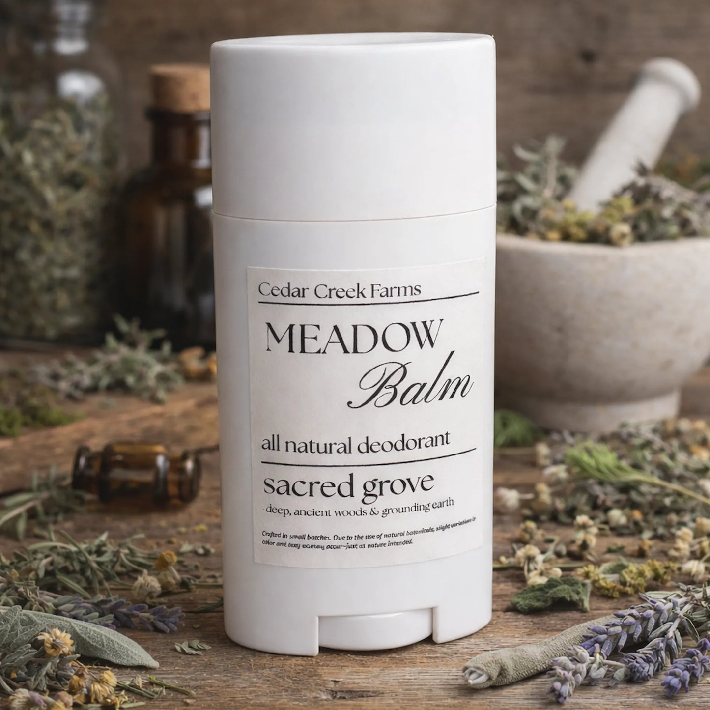 Cedar Creek Farms Meadow Balm natural deodorant Sacred Grove scent with herbs on rustic wood