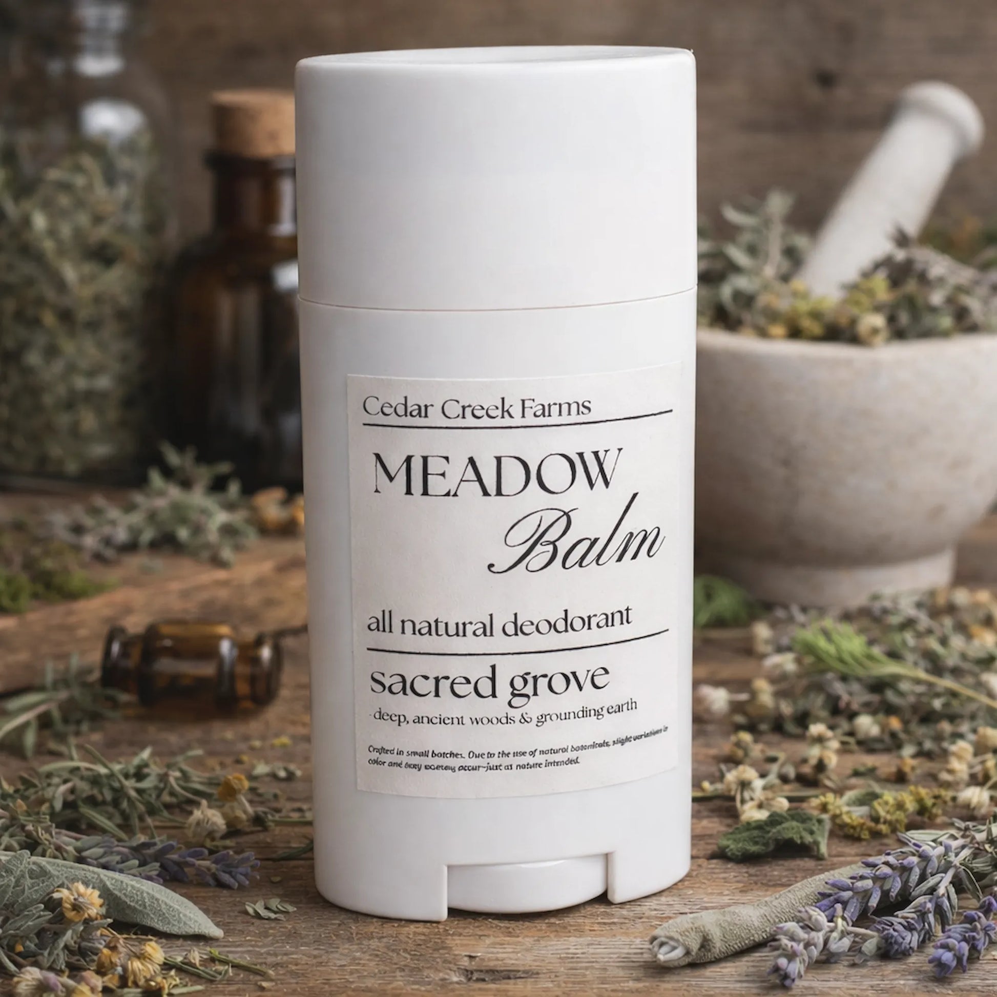 Cedar Creek Farms Meadow Balm natural deodorant Sacred Grove scent with herbs on rustic wood