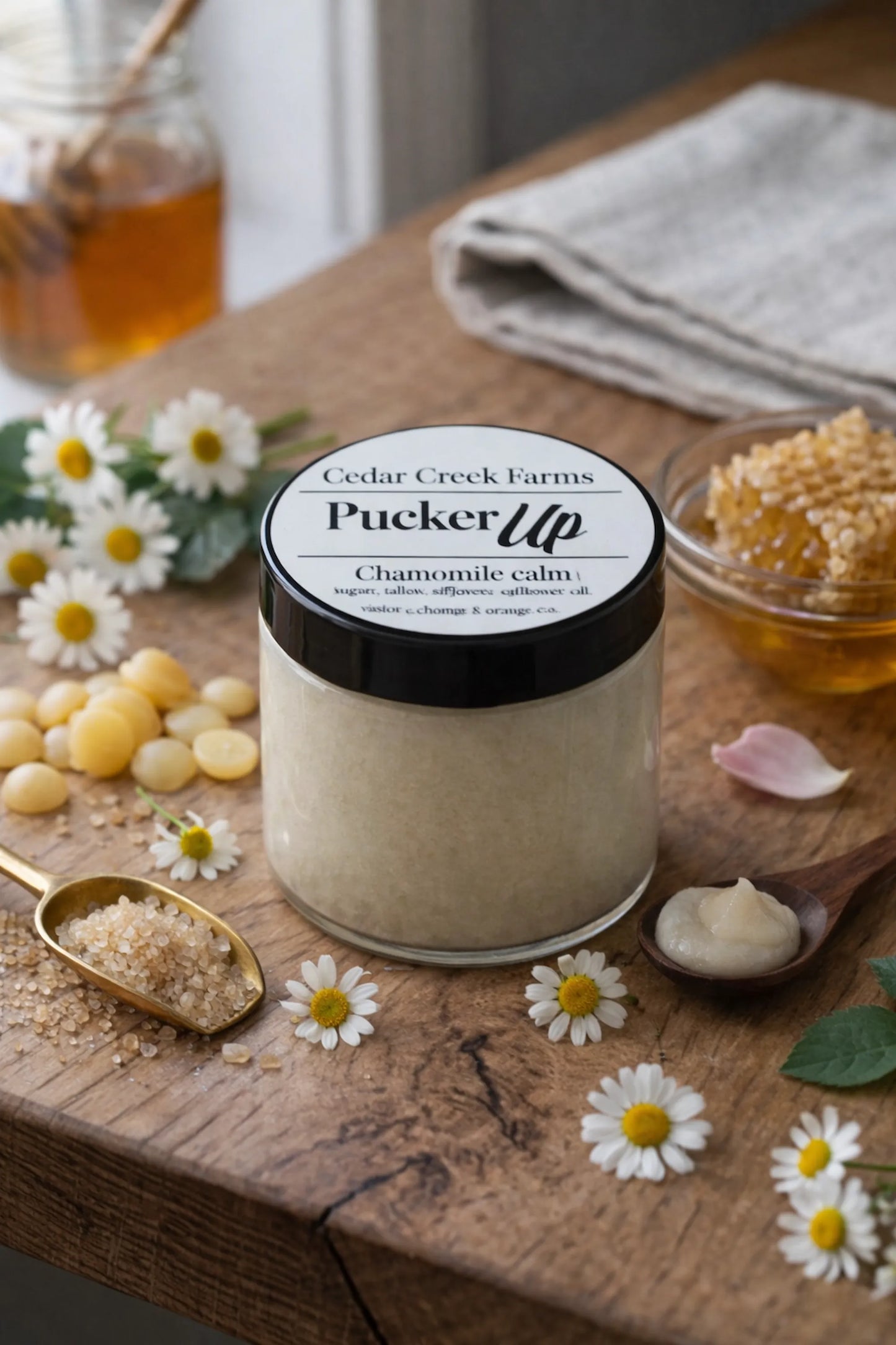 Cedar Creek Farms Pucker Up chamomile lip polish scrub with sugar, honey, and chamomile flowers styled on rustic wooden surface