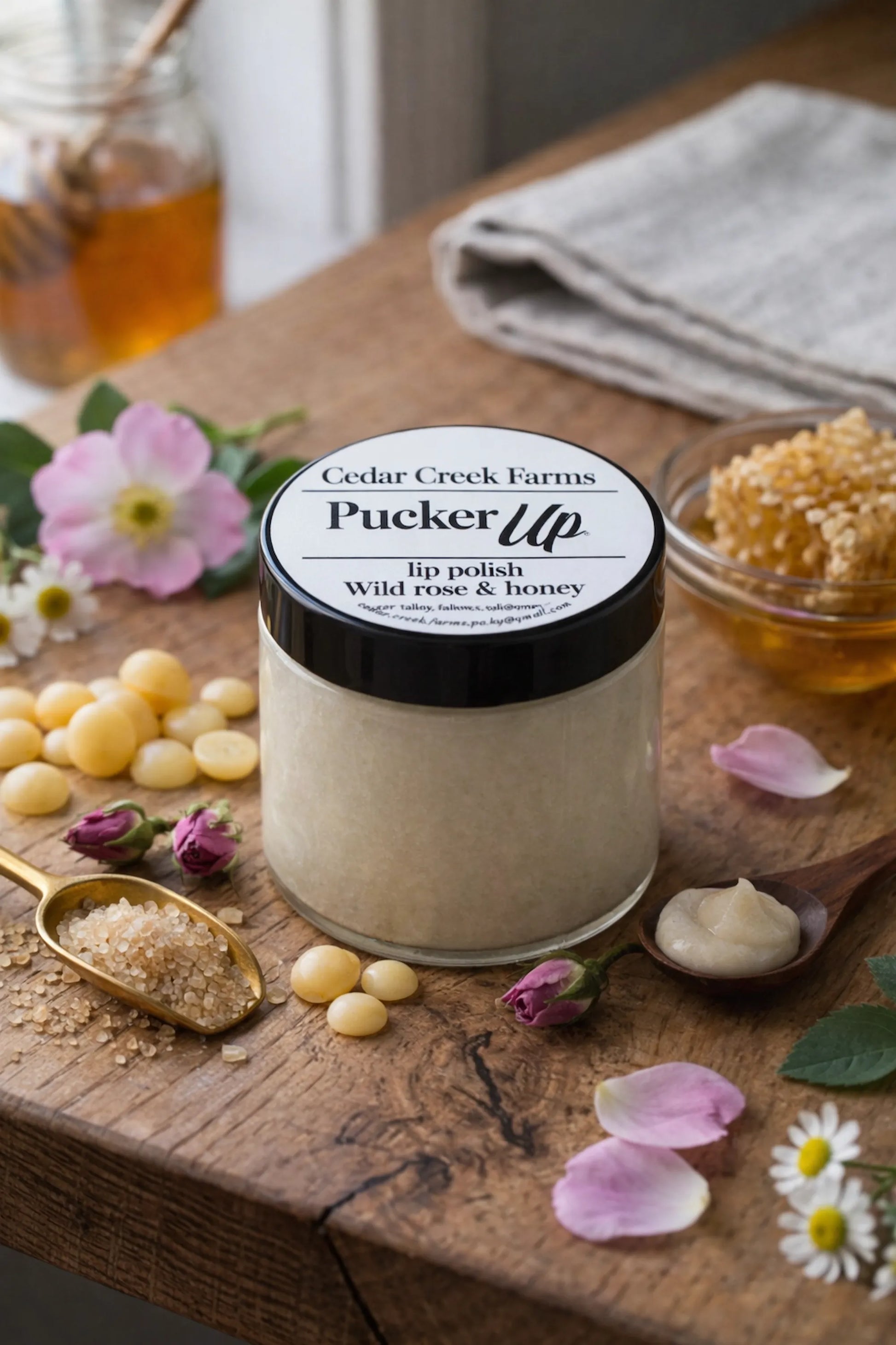 Cedar Creek Farms Pucker Up wild rose and honey lip polish scrub with rose petals, honey, and natural ingredients on wooden surface