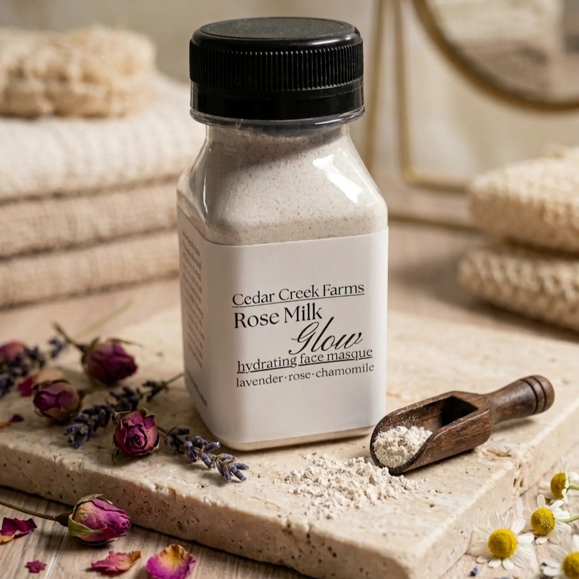 Cedar Creek Farms Rose Milk Glow hydrating face mask with lavender, rose, and chamomile displayed with dried flowers and scoop on stone surface