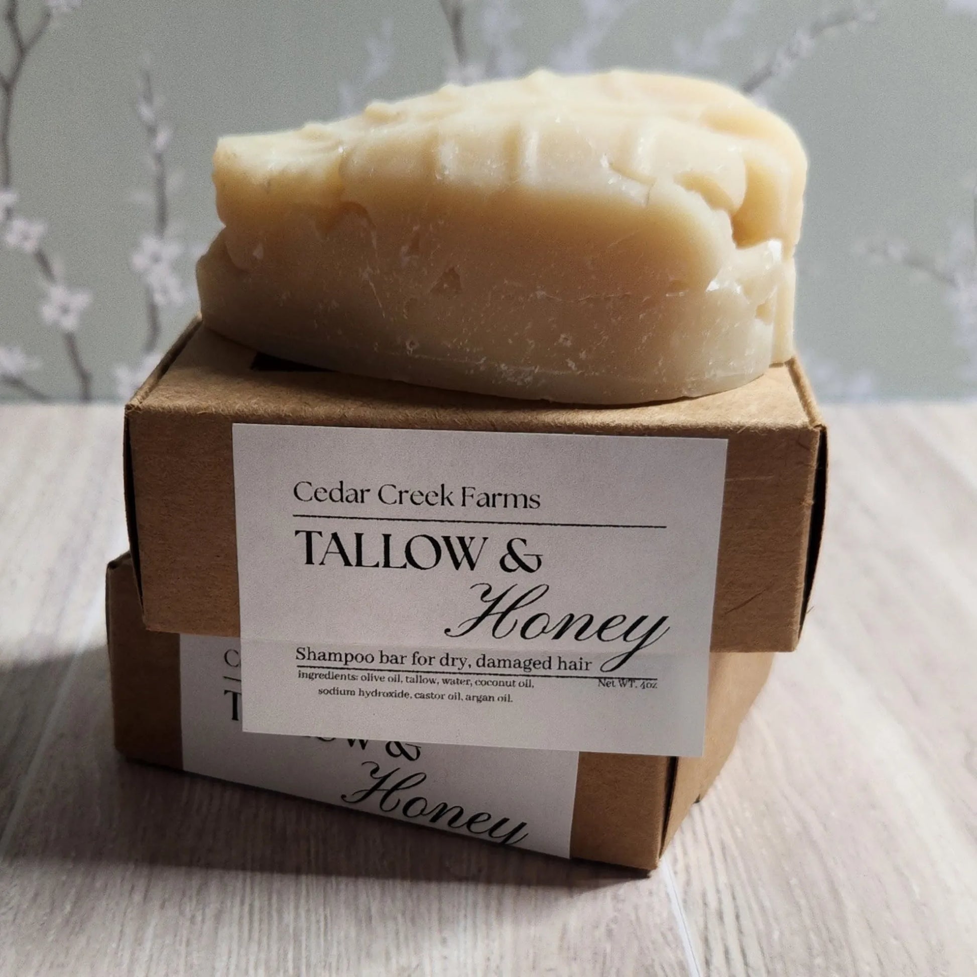 Cedar Creek Farms natural tallow and honey shampoo bar for dry damaged hair moisturizing solid shampoo bar front packaging