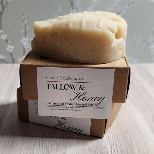 Cedar Creek Farms natural tallow and honey shampoo bar for dry damaged hair moisturizing solid shampoo bar front packaging