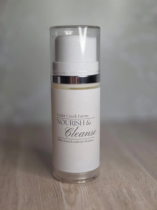 Cedar Creek Farms tallow makeup cleanser Nourish and Cleanse in airless pump bottle for gentle facial cleansing