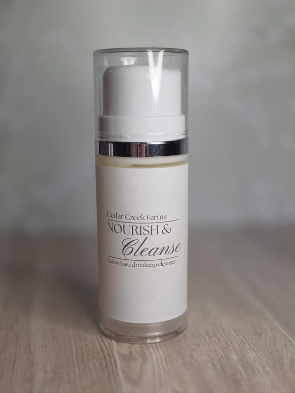 Cedar Creek Farms tallow makeup cleanser Nourish and Cleanse in airless pump bottle for gentle facial cleansing